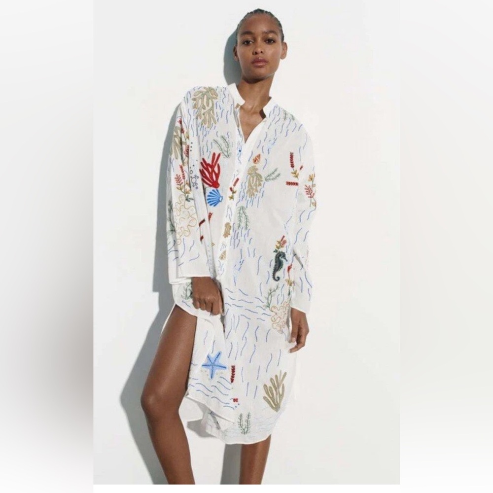 Zara Embroidered White Cotton Shirtdress / Duster -- LIKE NEW!